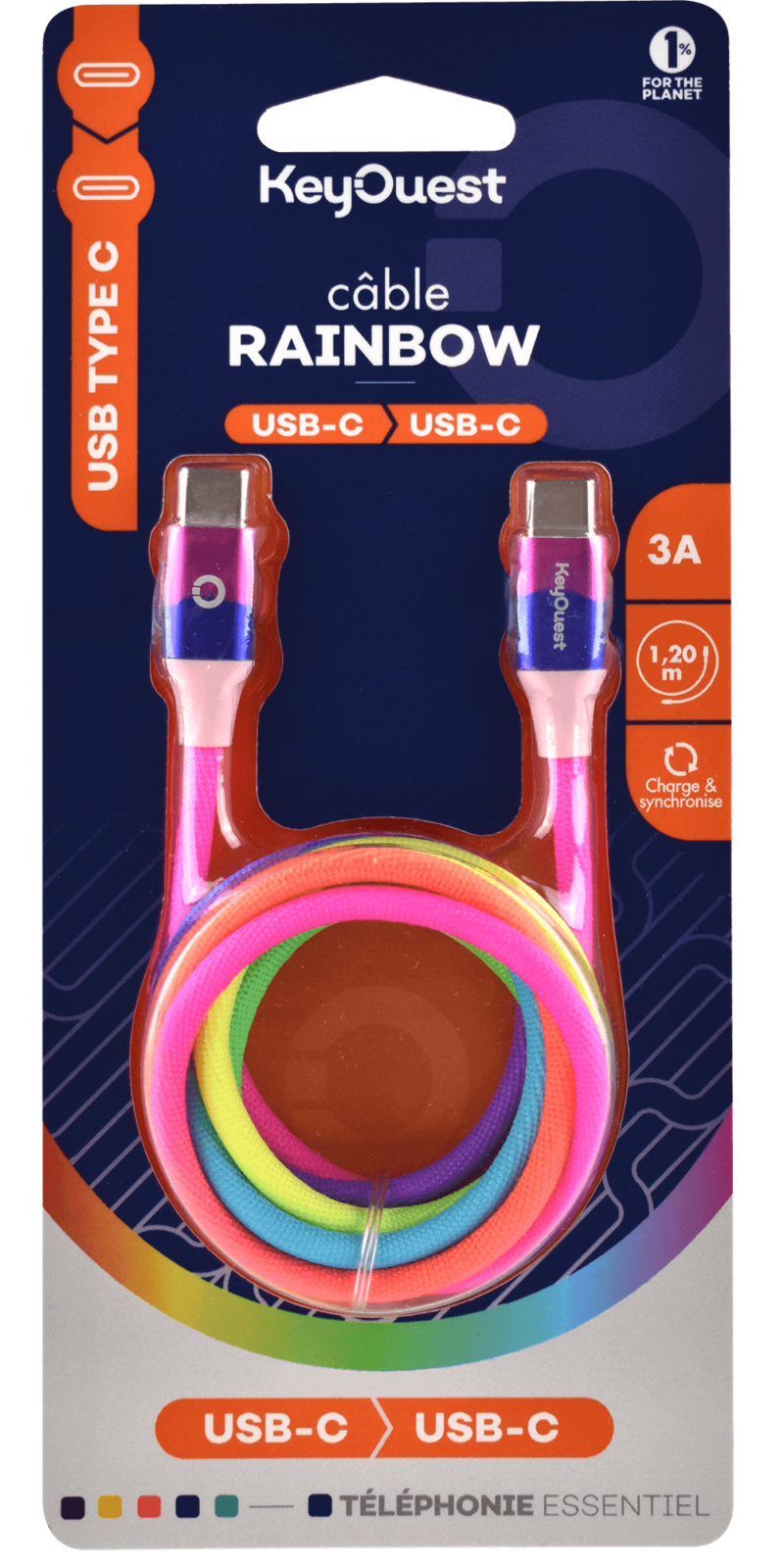 Câble USB-C vers USB-C RAINBOW 3A - 1,20m